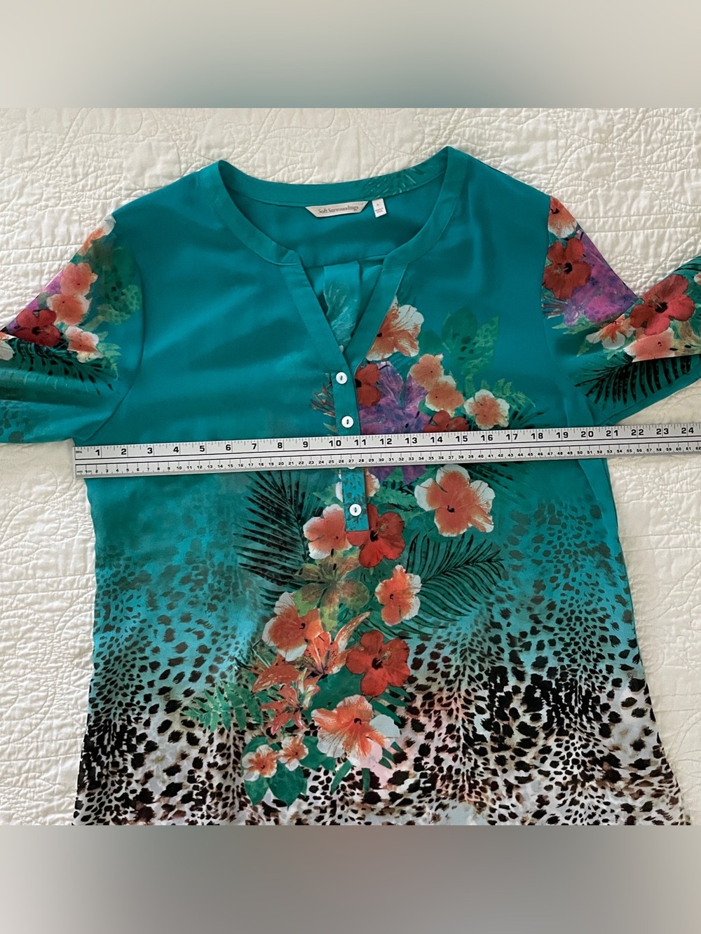 Soft Surroundings Teal Tropical Floral Cheetah Print Sheer Tunic Top Blouse Sz L - Picture 11 of 15
